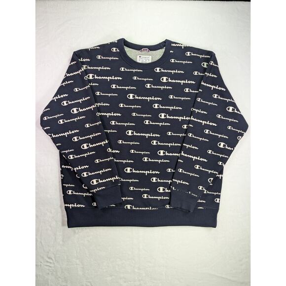 Champion Navy All-Over Script Logo Crewneck Sweatshirt Size 2XL - Picture 1 of 12